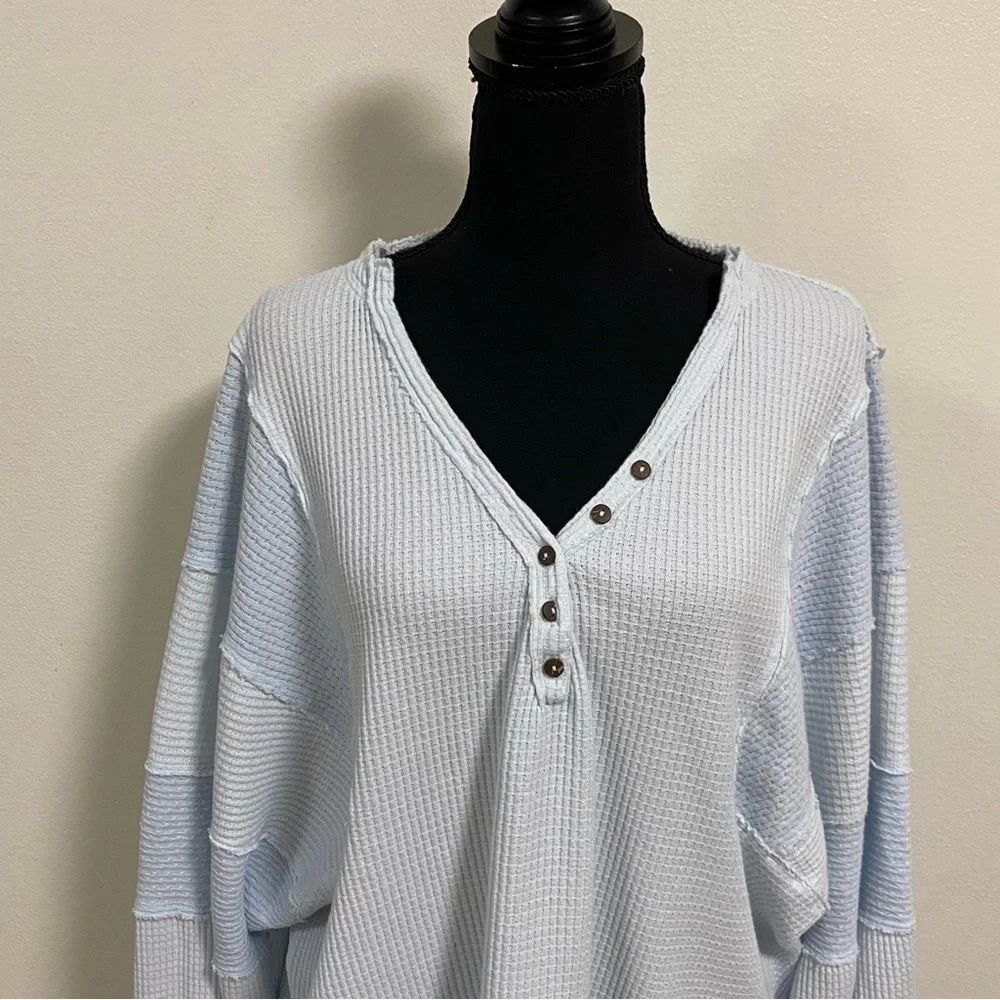 Free People Sweater Women Size Small Baby Blue Callisto Henley Patchwork sweater - Picture 2 of 16